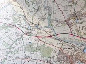 a map with red and green highways at The Boatside Inn - Homers - Twin Ensuite in Hexham