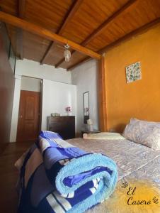 - une chambre avec un lit doté d'une couverture bleue dans l'établissement Economica y centrica habitación, à Cajamarca