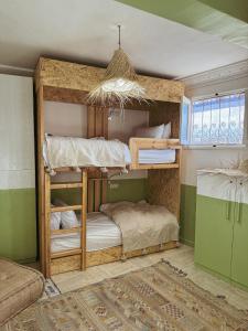 タガズートにあるTazuri Surf Houseの緑の壁のドミトリールームの二段ベッド2台