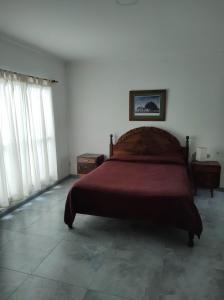 una camera da letto con un letto con un copriletto rosso di Casa Stegmann a Pringles