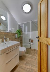 een badkamer met een wastafel, een toilet en een douche bij Pension Salzsäumer in Neuschönau