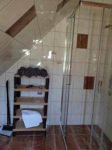 a bathroom with a shower and shelves with towels at W Cisnej pod 1. in Cisna