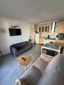 ein Wohnzimmer mit einem Sofa und einem Tisch in der Unterkunft appartement 2 chambre, plage à 50m in Palavas-les-Flots