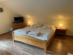 1 dormitorio con 1 cama con 2 lámparas y TV en Gästehaus Möschel, en Weiler-Simmerberg