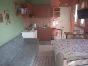 a small room with a bed and a kitchen at Marianna's studio in Kozani