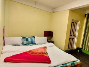 ein Schlafzimmer mit einem Bett mit einer roten Decke darauf in der Unterkunft HOTEL PURNI DARJEELING in Darjeeling