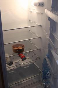 um frigorífico aberto com uma tigela em cima em Cozy apartment Ladybug, Sarajevo em Sarajevo