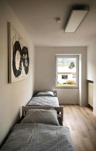 2 łóżka w sypialni z oknem w obiekcie Schneiders Ferienwohnungen w mieście Braunshausen