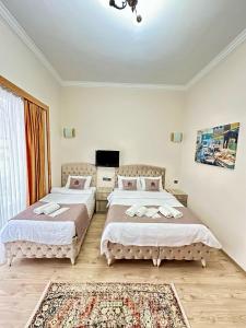 a bedroom with two beds and a television in it at Elegance Aparts Cihangir in Istanbul
