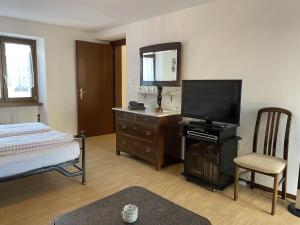 een slaapkamer met een bed, een televisie en een stoel bij Bella Fosano Casa in Gambarogno