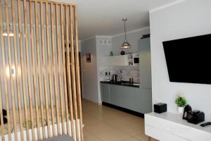 a living room with a television and a kitchen at Apartament przy latarni z garażem Niechorze in Niechorze