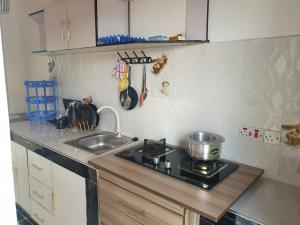 a small kitchen with a stove and a sink at RAKA HOLIDAY HOMES in Malindi