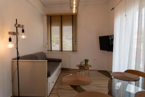 a living room with a couch and a tv at Ophelia - New Modern Apartment with Spectacular Olympus View in Litochoro