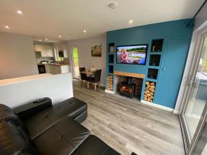 sala de estar con sofá y TV de pantalla plana en Laigh Letterpin Lodge en Girvan