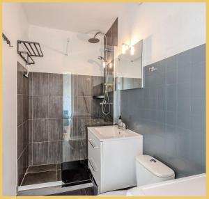 uma casa de banho com um lavatório, um WC e um chuveiro em Chez Fan & Alex St Julien em Saint-Julien-en-Genevois