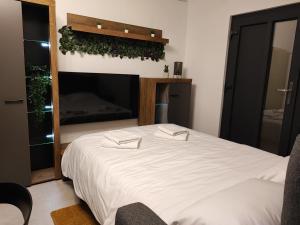 a bedroom with a bed with white sheets and a mirror at Apartment Boras in Vir