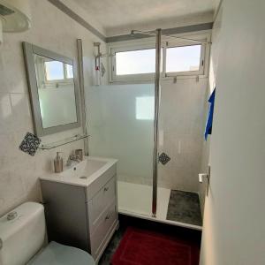een badkamer met een wastafel, een toilet en een douche bij Studio les pieds dans l'eau App n°7 in Le Barcarès