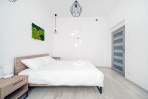 ein weißes Schlafzimmer mit einem Bett und einer Kommode in der Unterkunft Piotrkowska Modern Apartment in Łódź
