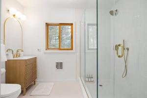 a bathroom with a shower and a toilet and a sink at Hudson Valley and The Berkshires Getaway in Hillsdale