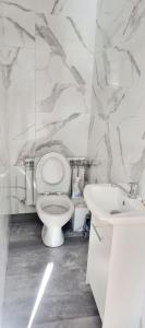 a white bathroom with a toilet and a sink at Noclegi u Ewusi in Januszowice