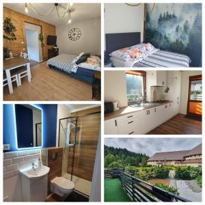 a collage of four pictures of a bedroom at Agroturystyka u Wańka in Wisła