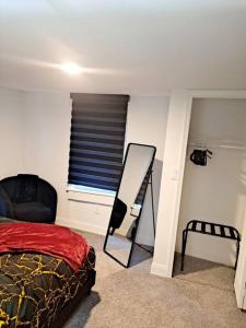 a bedroom with a mirror and a bed and a window at Luxe On Walnut/King Bed/Off St.Parkin/30 days stay in Lancaster