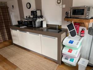 a kitchen counter with a sink and a microwave at Willow Mews in Swansea +2 photos