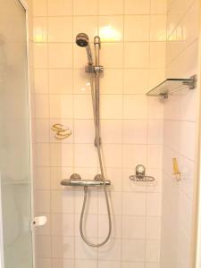 a shower with a shower head in a bathroom at Sirenetta in De Haan