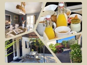 un collage de photos avec des bouteilles de jus d'orange dans l'établissement Hôtel particulier- Les cottages du Bassin d'Arcachon -Petit-déjeuner sur demande, à Gujan-Mestras