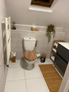 a bathroom with a toilet with a wooden seat at Villa bodié in Troyes