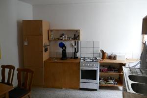 Il comprend une petite cuisine équipée d'une cuisinière et d'un réfrigérateur. dans l'établissement Gemütliche 2 ZKB im Zentrum, à Karlsruhe