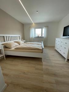 a bedroom with a bed and a television in it at Ferienwohnung zur Bitterbachschlucht in Lauf an der Pegnitz