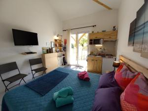 1 dormitorio con 1 cama grande y cocina en Studio Kerwood Sud Morbihan vue sur la Vilaine en Béganne