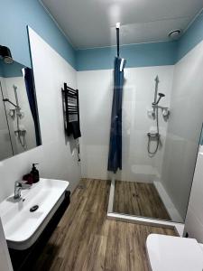 a bathroom with a sink and a shower and a toilet at Apart-HOTEL GALLERY 21 in Lviv