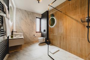 a bathroom with a shower and a toilet and a sink at Albert Residence Grand Chalet & SPA Poiana Brașov in Poiana Brasov