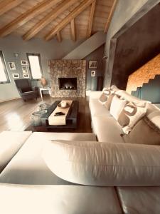 a living room with a couch and a fireplace at Le Blanc in Dassia
