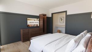 a bedroom with a large bed and a mirror at Hotel Sylva in Sylva