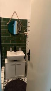 uma casa de banho com um lavatório branco e um espelho. em Mermaid house apartman em Szeged