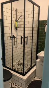 a shower with a glass door in a bathroom at Mermaid house apartman in Szeged