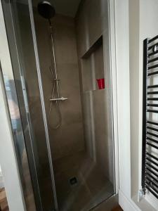 La salle de bains est pourvue d'une douche avec une porte en verre. dans l'établissement HYPER CENTRE, logement climatisé avec PARKING SECURISE, à Clermont-Ferrand