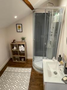 a bathroom with a shower and a sink at Sunflowers in Le Dorat