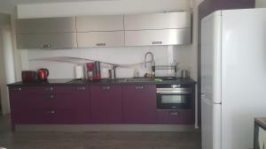 a kitchen with purple cabinets and a white refrigerator at Entre lac et montagnes in Neuvecelle