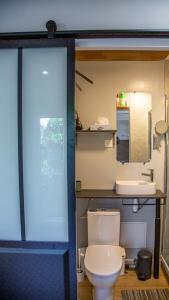a bathroom with a toilet and a sink at Charmant studio in Saint-Aubin-de-Médoc