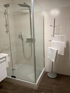 y baño con ducha y puerta de cristal. en Apartement stilvoll und großzügig en Windischgarsten