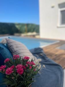 a bouquet of pink flowers sitting on a couch at Asteria Apartments in Analipsi