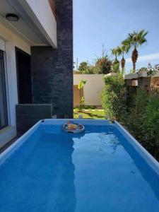 a blue swimming pool with a frisbee on top of it at Location villa Saïdia in Saidia 