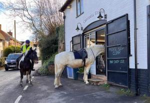 a man on a horse standing outside of a store at Baptist Cottage in Cheverell