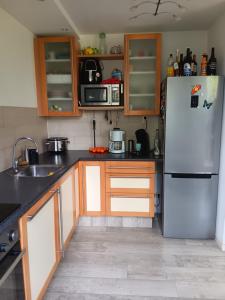 uma cozinha com um frigorífico branco e armários de madeira em Hoekhuis met tuin op het zuiden. em Gouda
