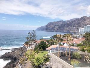 an aerial view of the ocean and mountains at Apartamento con impresionantes vistas en Los Gigantes - Crab Island in Puerto de Santiago