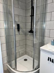 a shower with a glass door in a bathroom at studio bocagère in Amblainville +49 photos